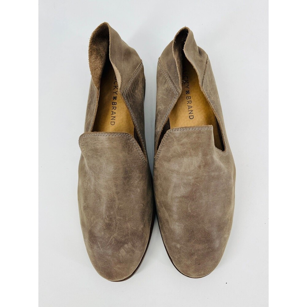 Lucky Brand Cahill Crashback Leather Slip On Flat Shoe Women's Sz 9 Taupe Grey